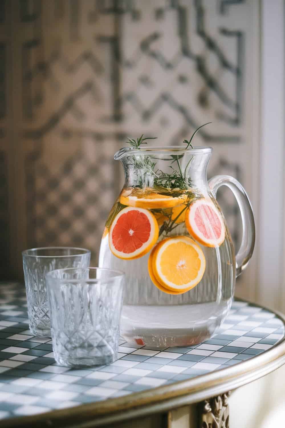 A pitcher of citrus and herb infused water with slices of orange and grapefruit, placed on a table.