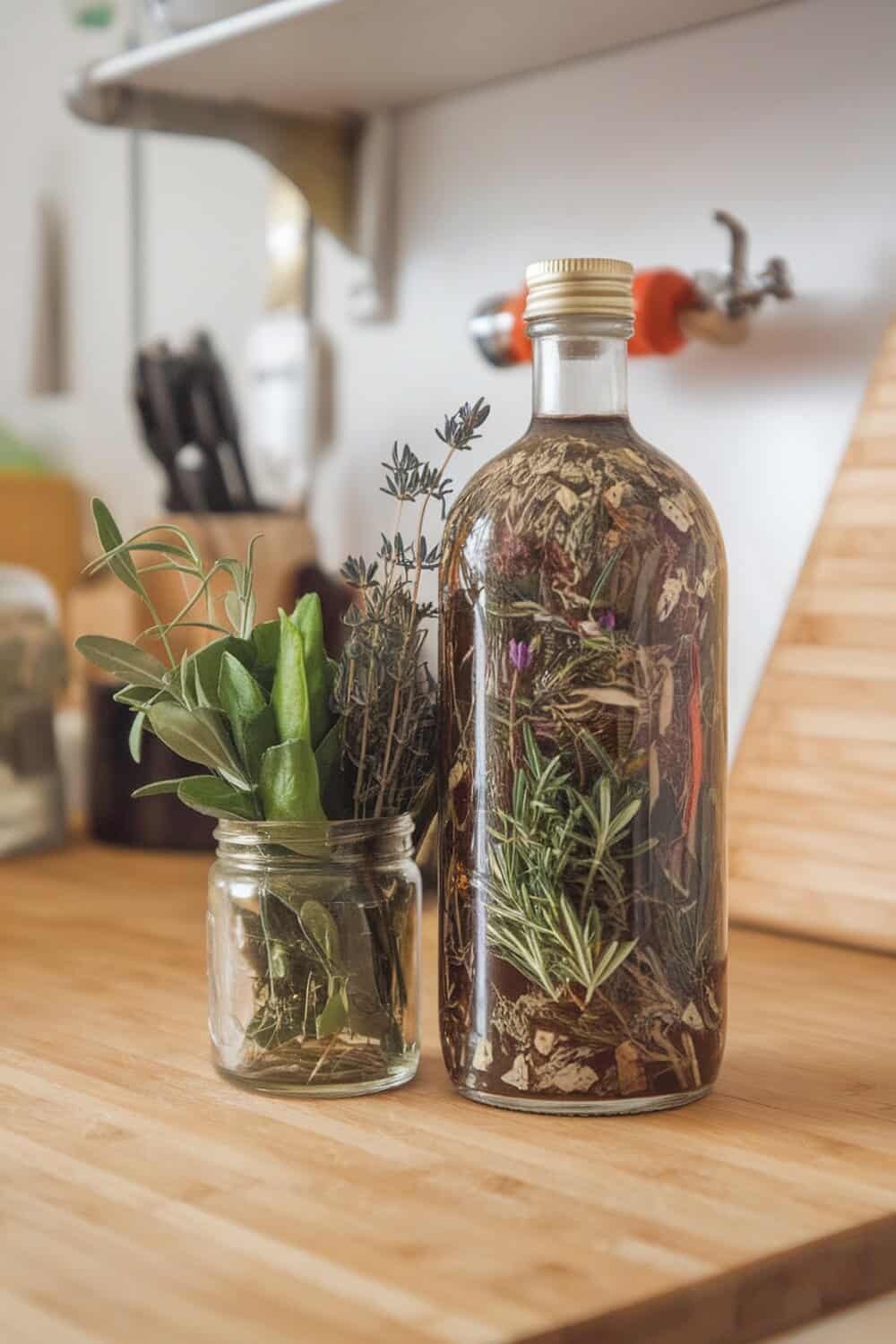 A bottle of herbal infused vinegar with various herbs in a jar on a wooden countertop.