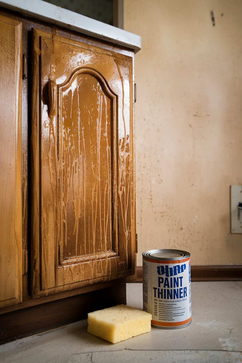 A can of paint thinner next to a greasy kitchen cupboard with a sponge.
