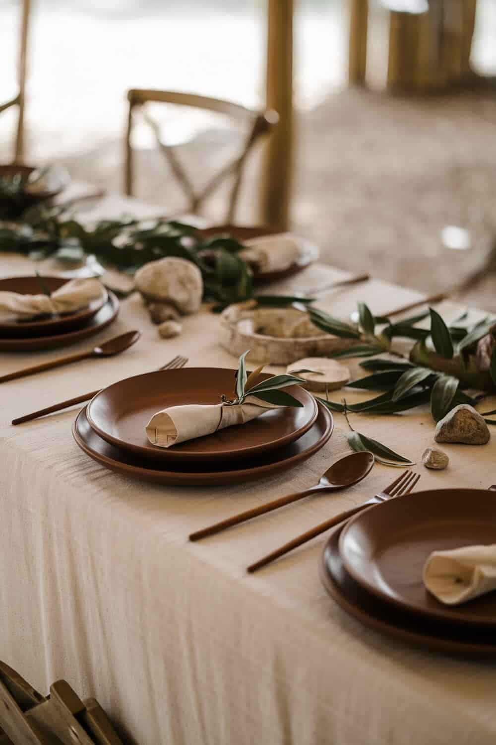 A beautifully set outdoor table featuring brown plates, natural elements like leaves, and stones.
