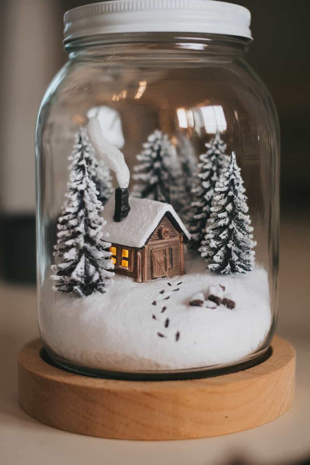 A winter wonderland scene in a jar featuring a small cabin, snow-covered trees, and a snowy base.