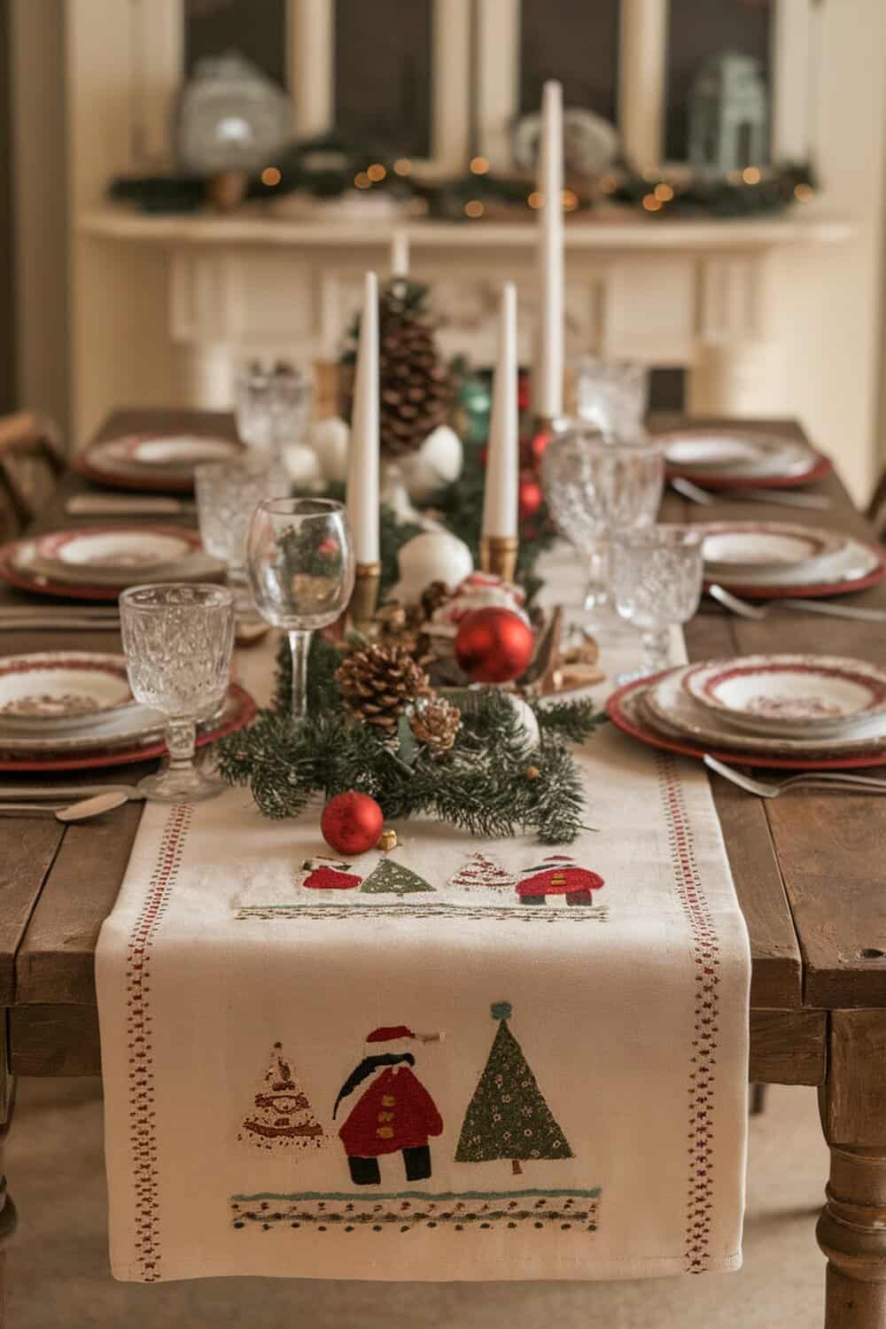 A beautifully decorated holiday table runner with festive designs.
