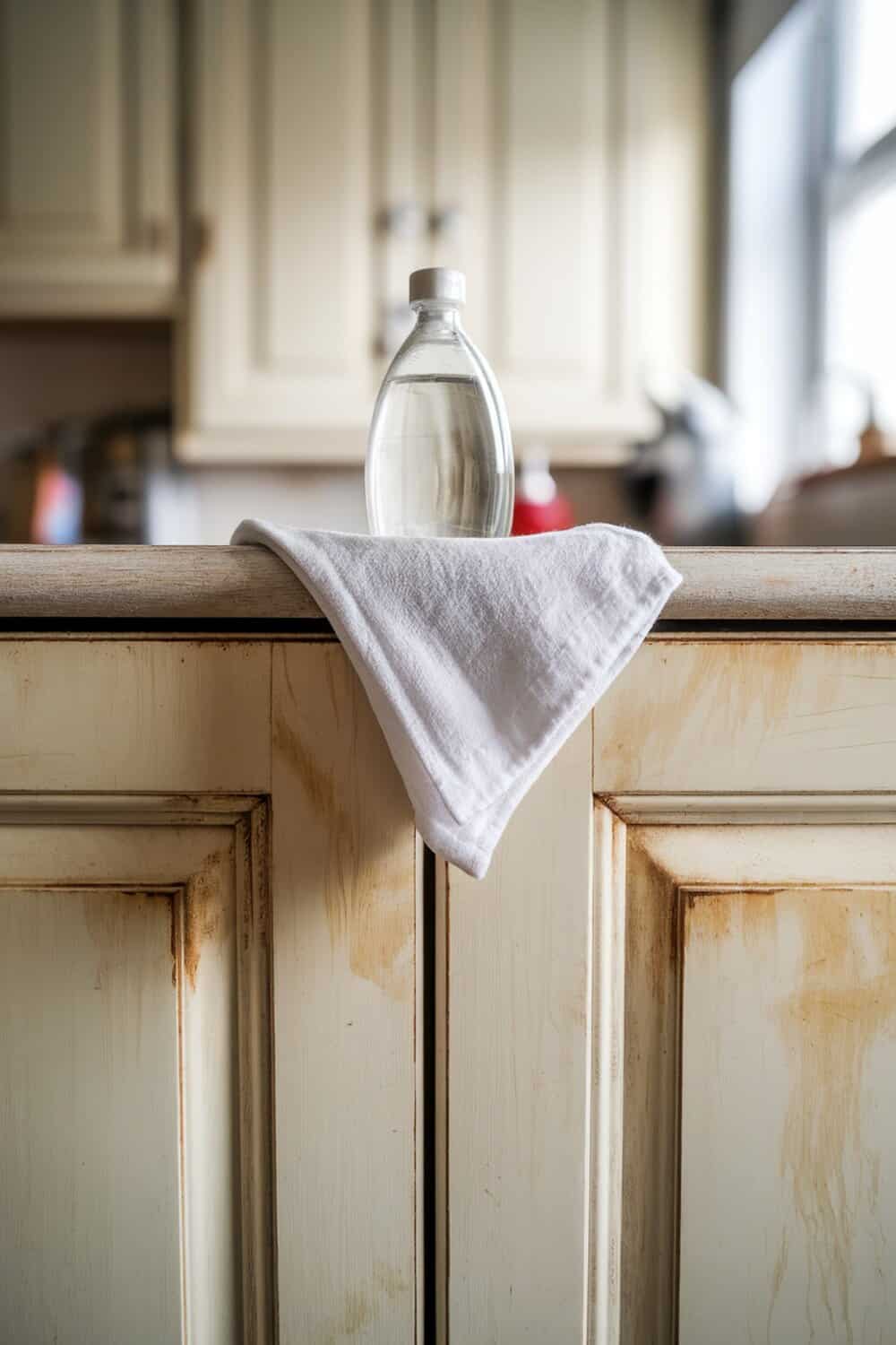 A bottle of white vinegar on a kitchen cupboard with a cloth.