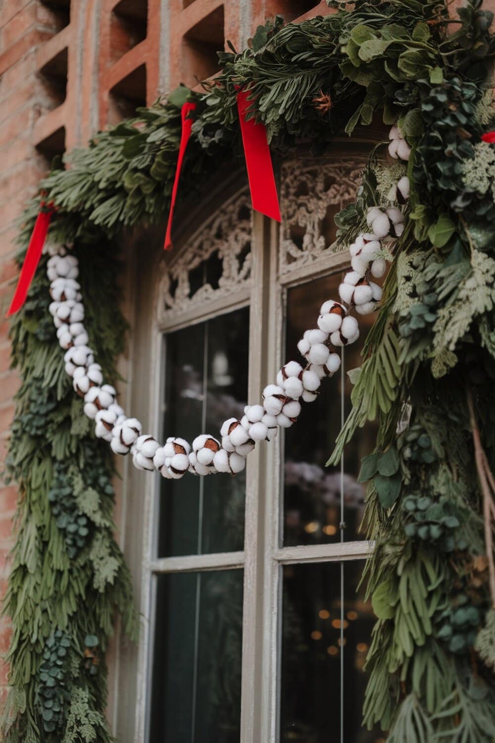 A garland made of cotton balls and greenery, decorated with red ribbons, hanging by a window.
