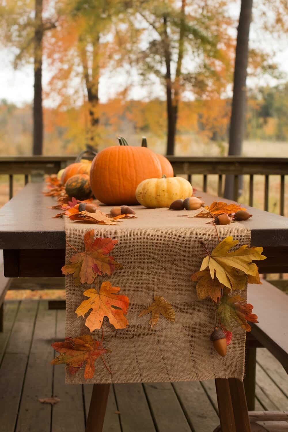 A burlap table runner adorned with colorful autumn leaves and pumpkins on a wooden table.