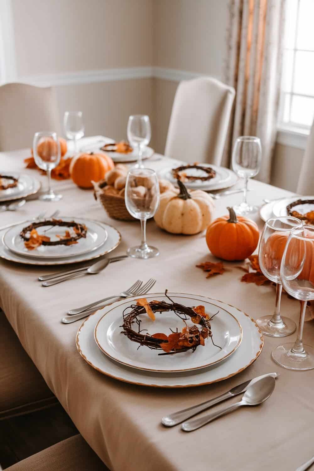 A beautifully set Thanksgiving table featuring DIY wreaths on each plate, pumpkins, and autumn leaves.