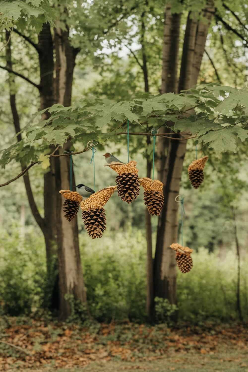 Pinecone bird feeders hanging from tree branches with birds nearby.