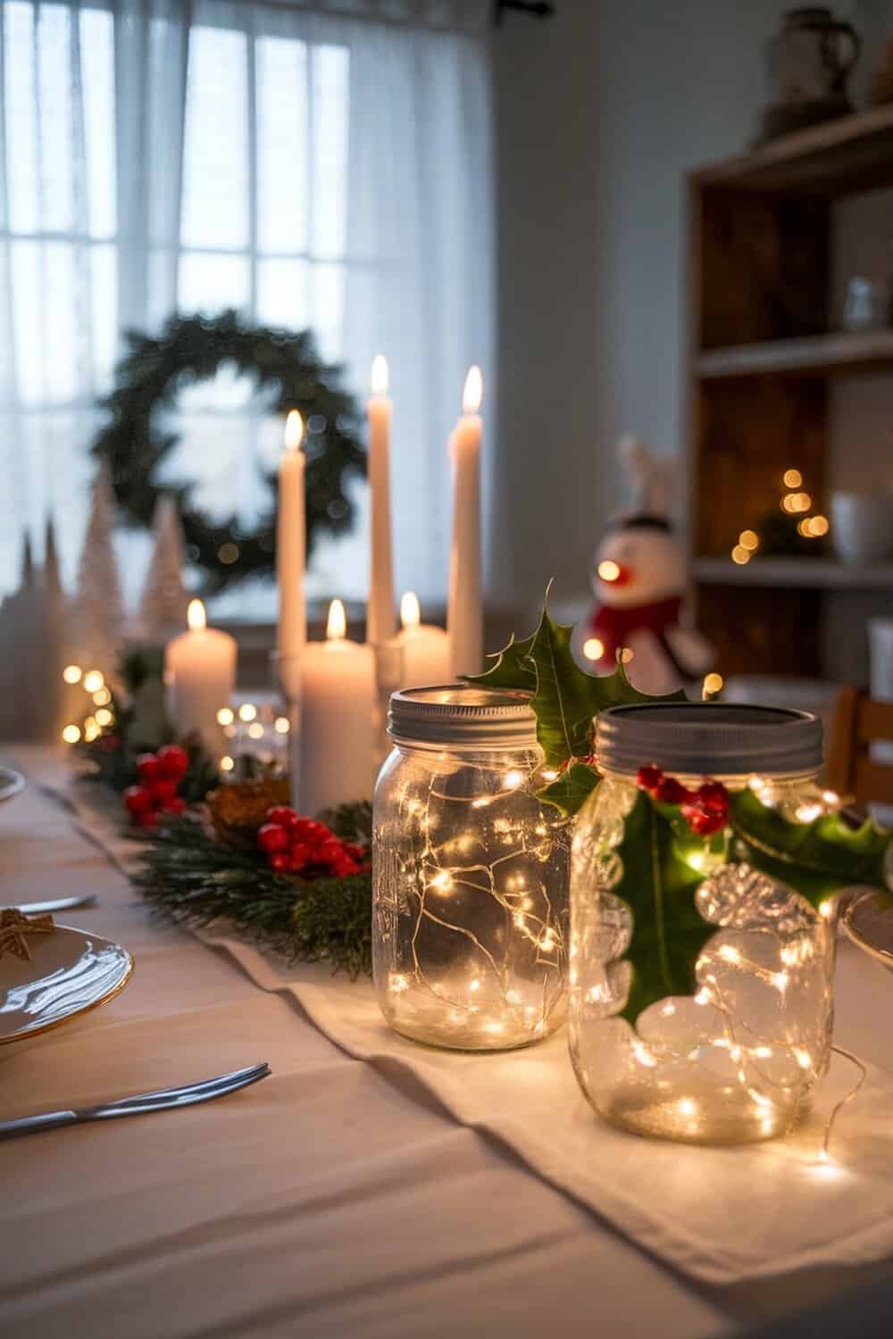 Mason jar lanterns with fairy lights and greenery on a festive table setting.