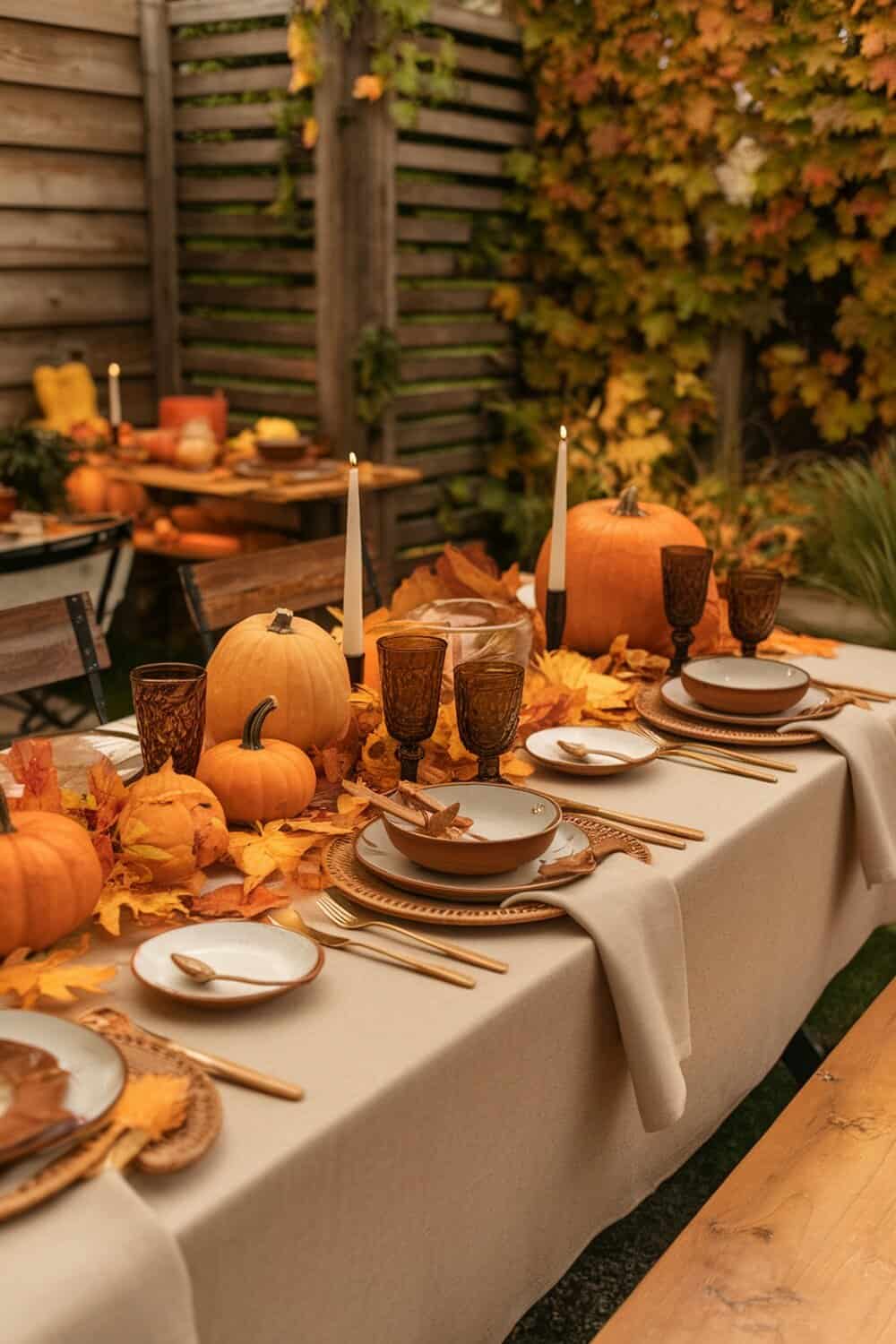 A beautifully set Thanksgiving table with pumpkins, leaves, and candles.