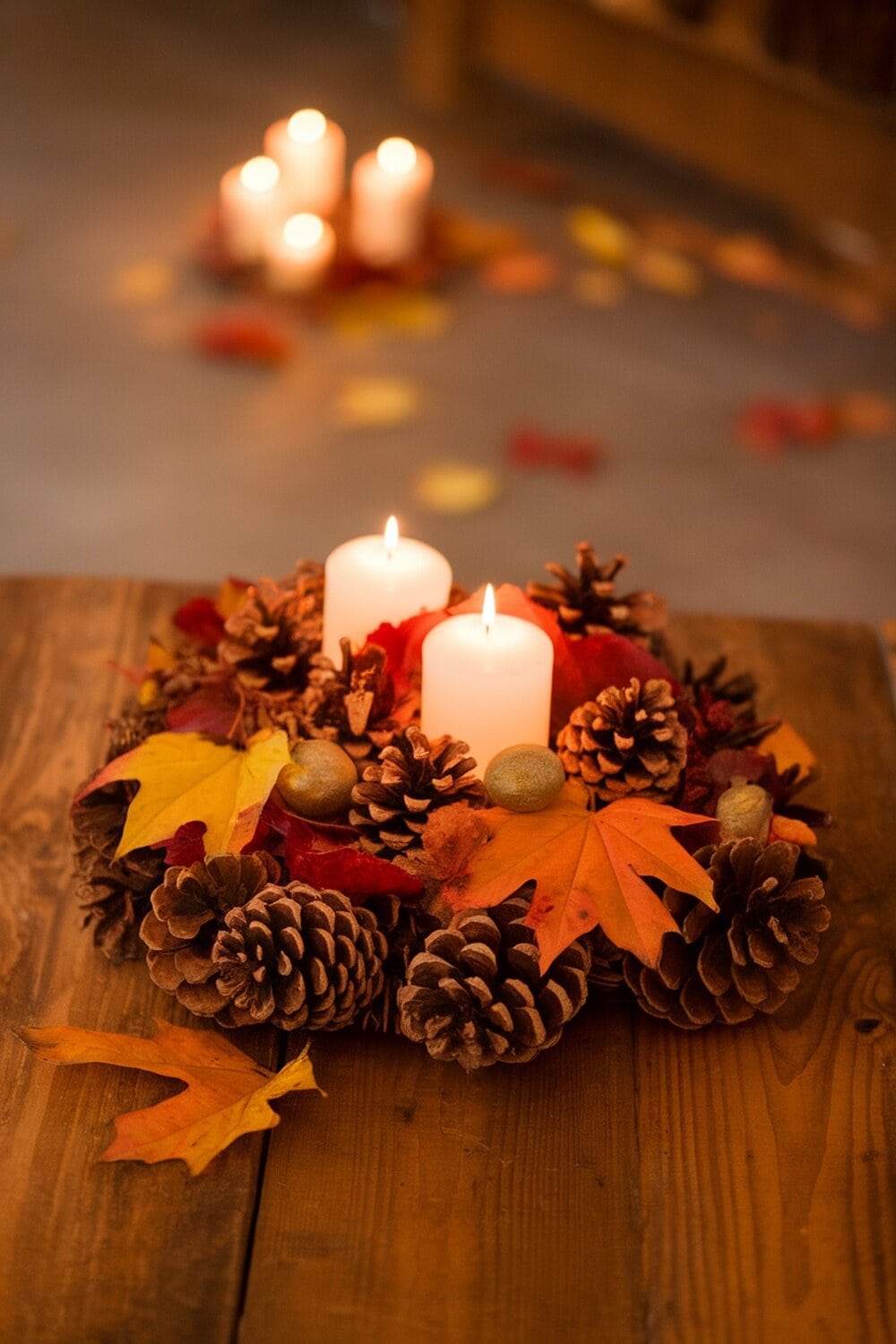 A rustic centerpiece made of pinecones, candles, and autumn leaves on a wooden table.