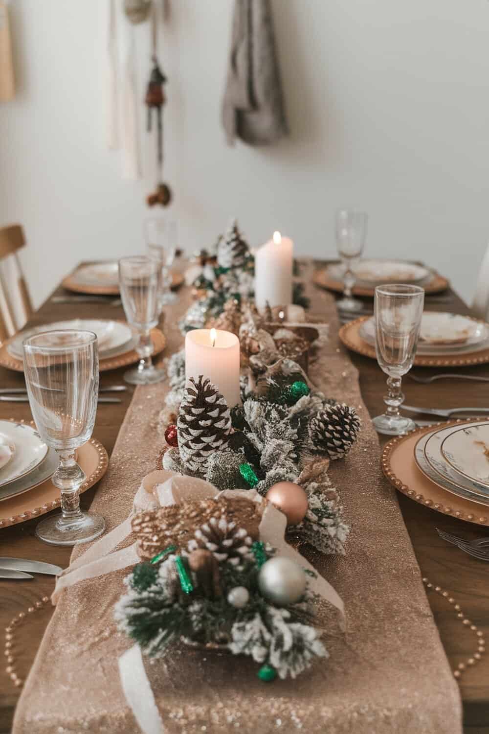 A beautifully decorated holiday table with a glittery table runner, candles, and festive accents.