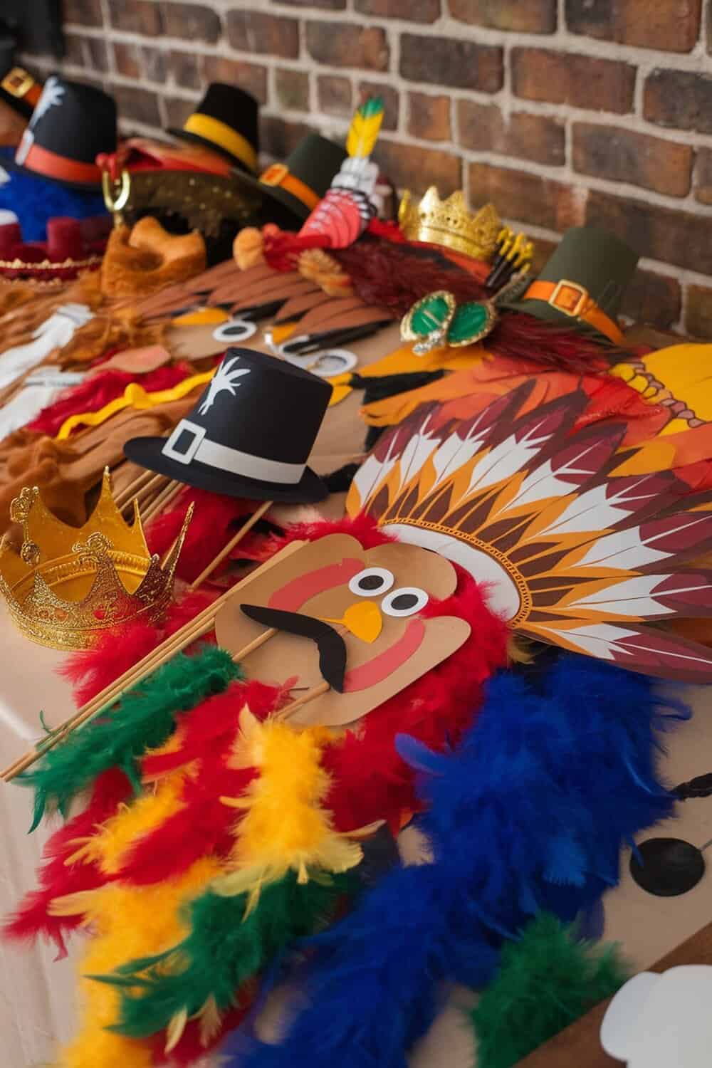 A variety of colorful Thanksgiving photo booth props including hats, masks, and feather decorations.