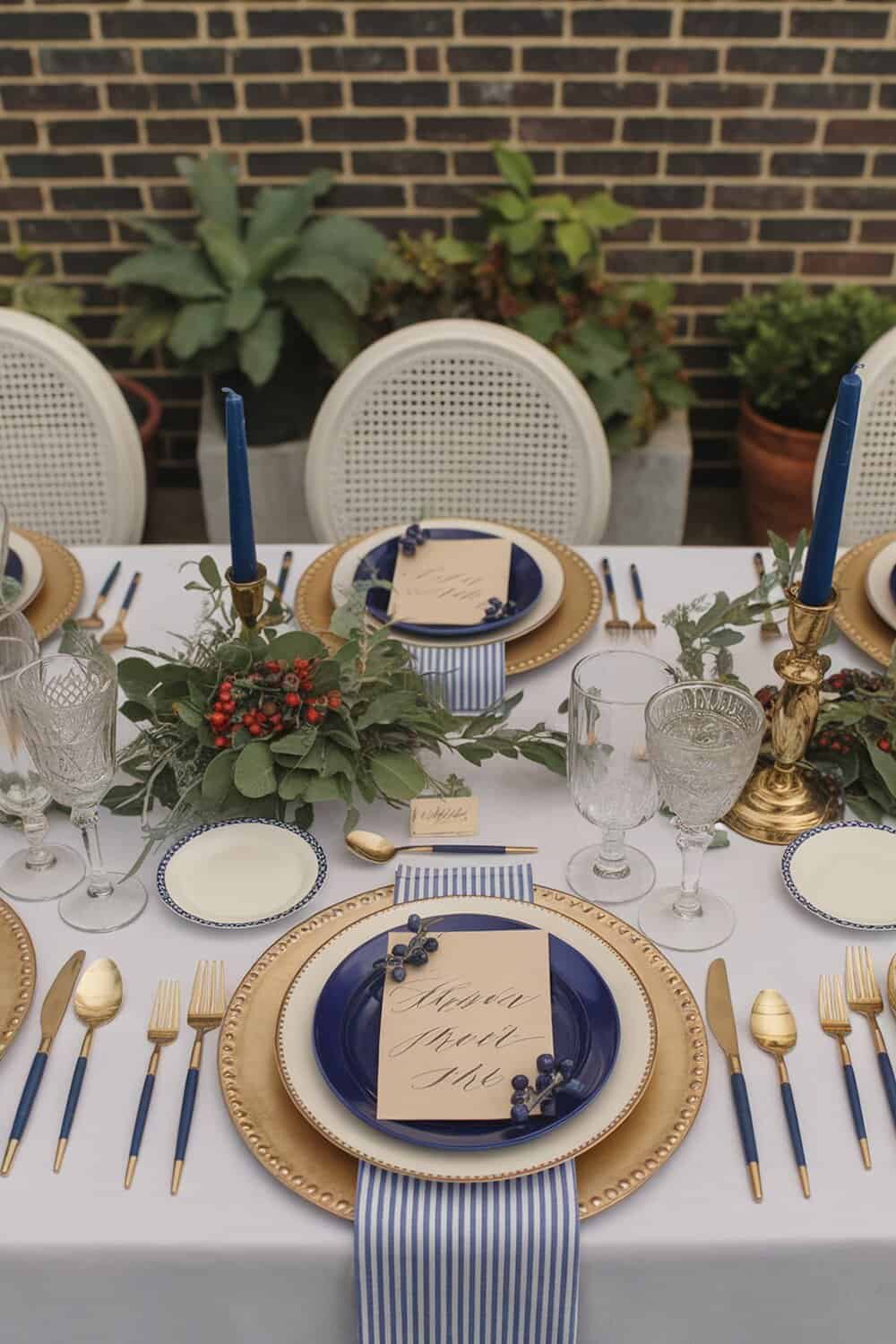 A beautifully arranged holiday table setting with blue plates, golden cutlery, and greenery.