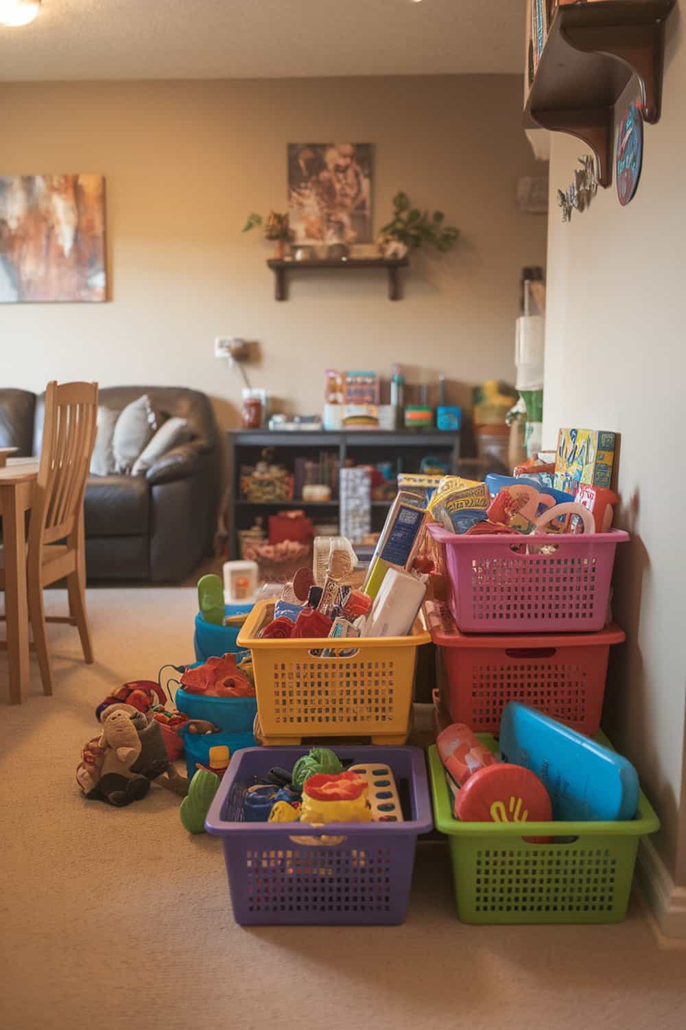 Colorful baskets filled with toys in a living room setting.