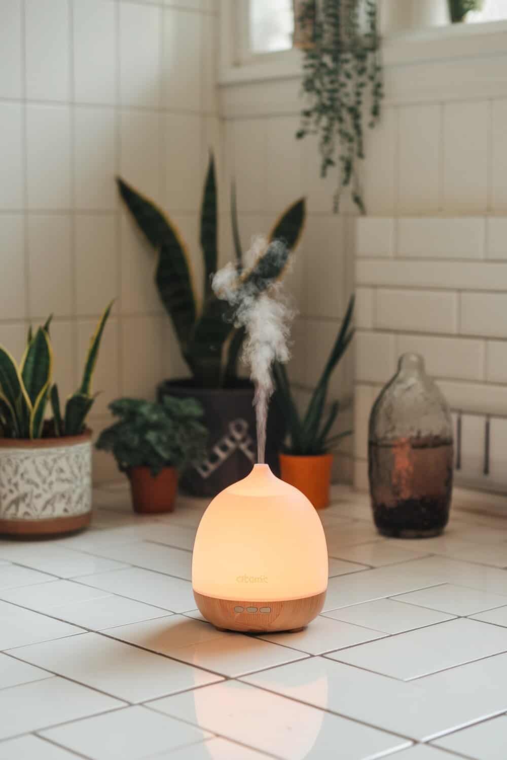 An essential oil diffuser emitting steam in a room with plants.