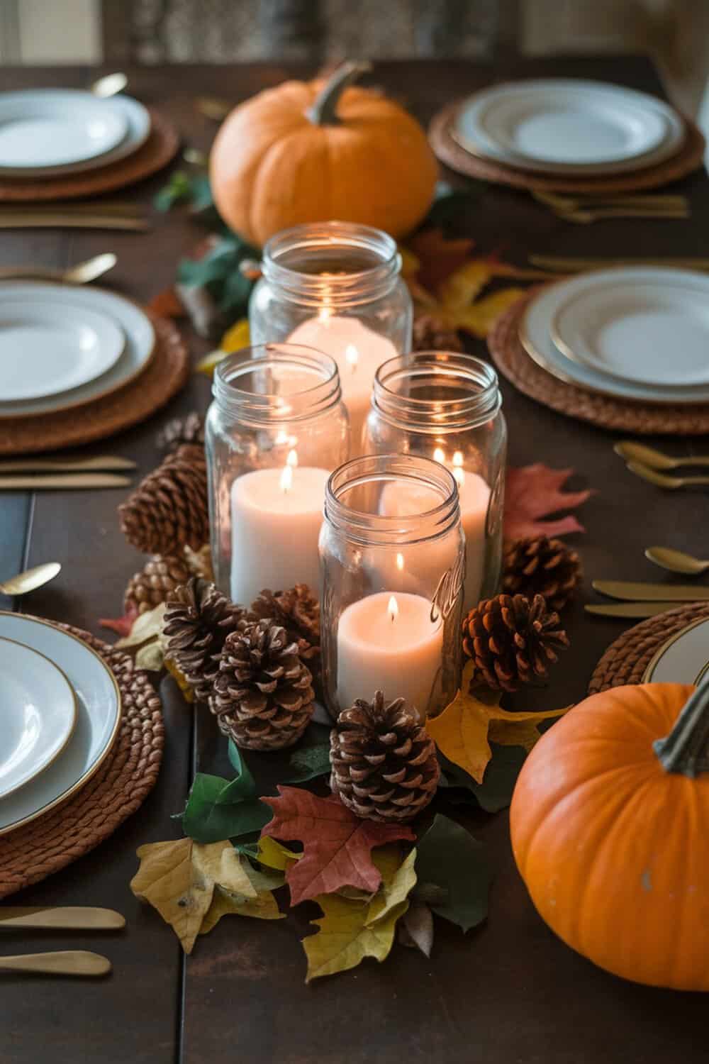 Mason jar candle holders surrounded by pinecones and autumn leaves on a Thanksgiving table.