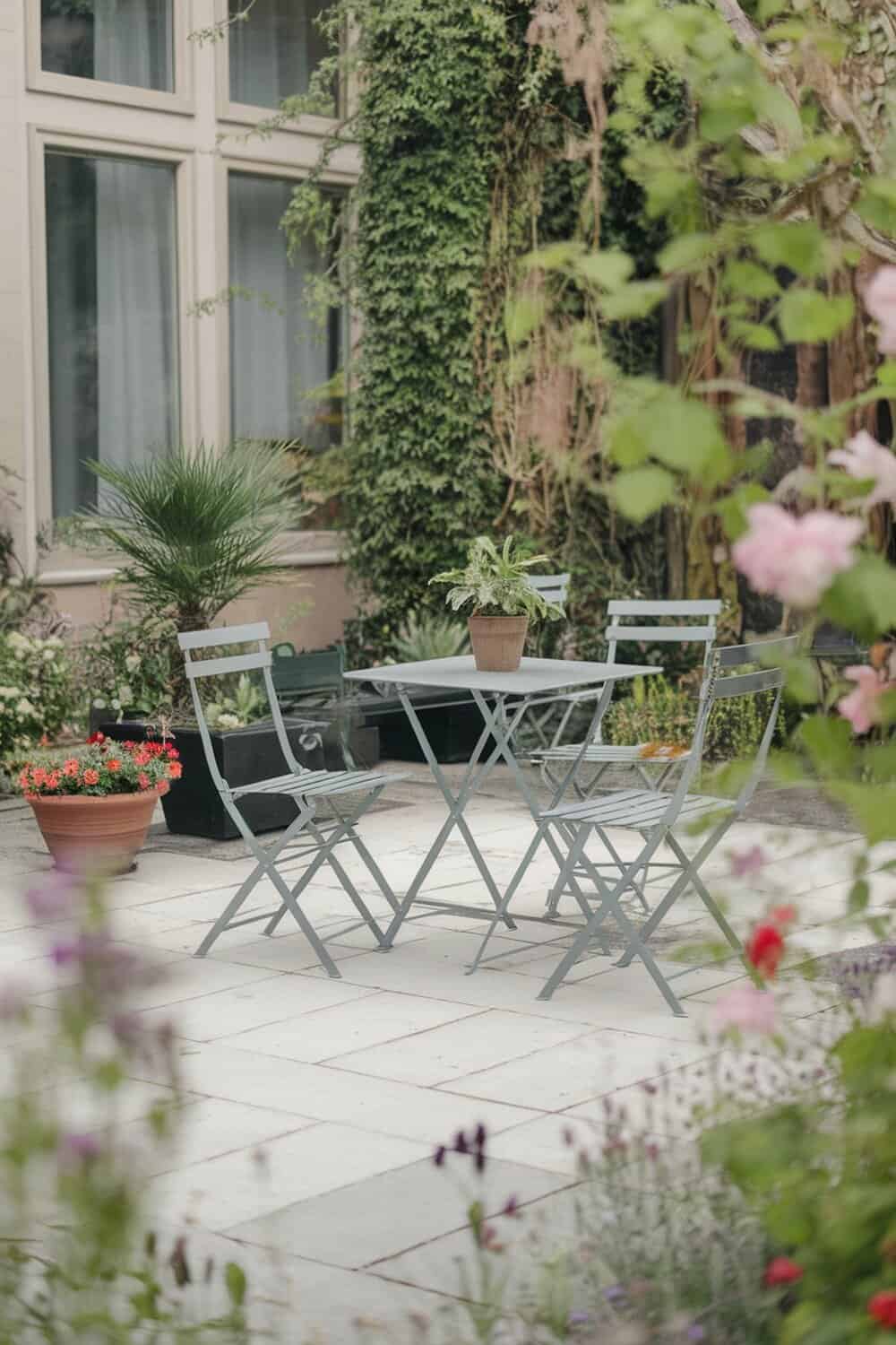 Outdoor furniture set with a small plant on the table, surrounded by flowers and greenery.