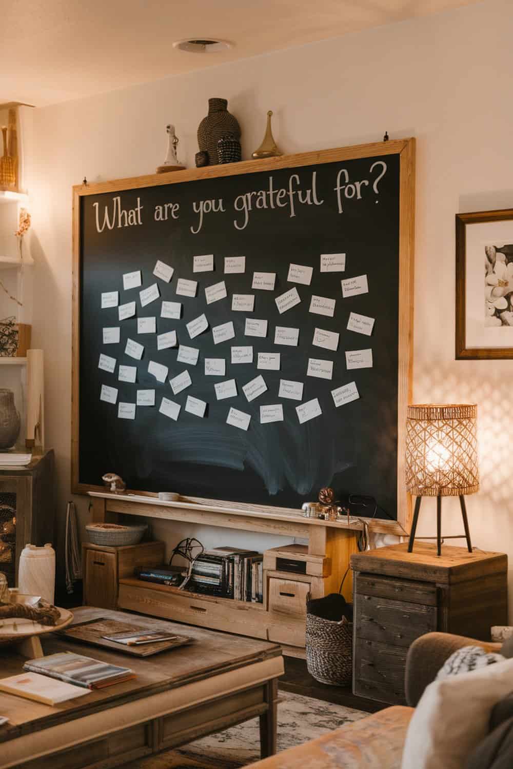 A family gratitude board with notes expressing gratitude, set in a cozy living space.