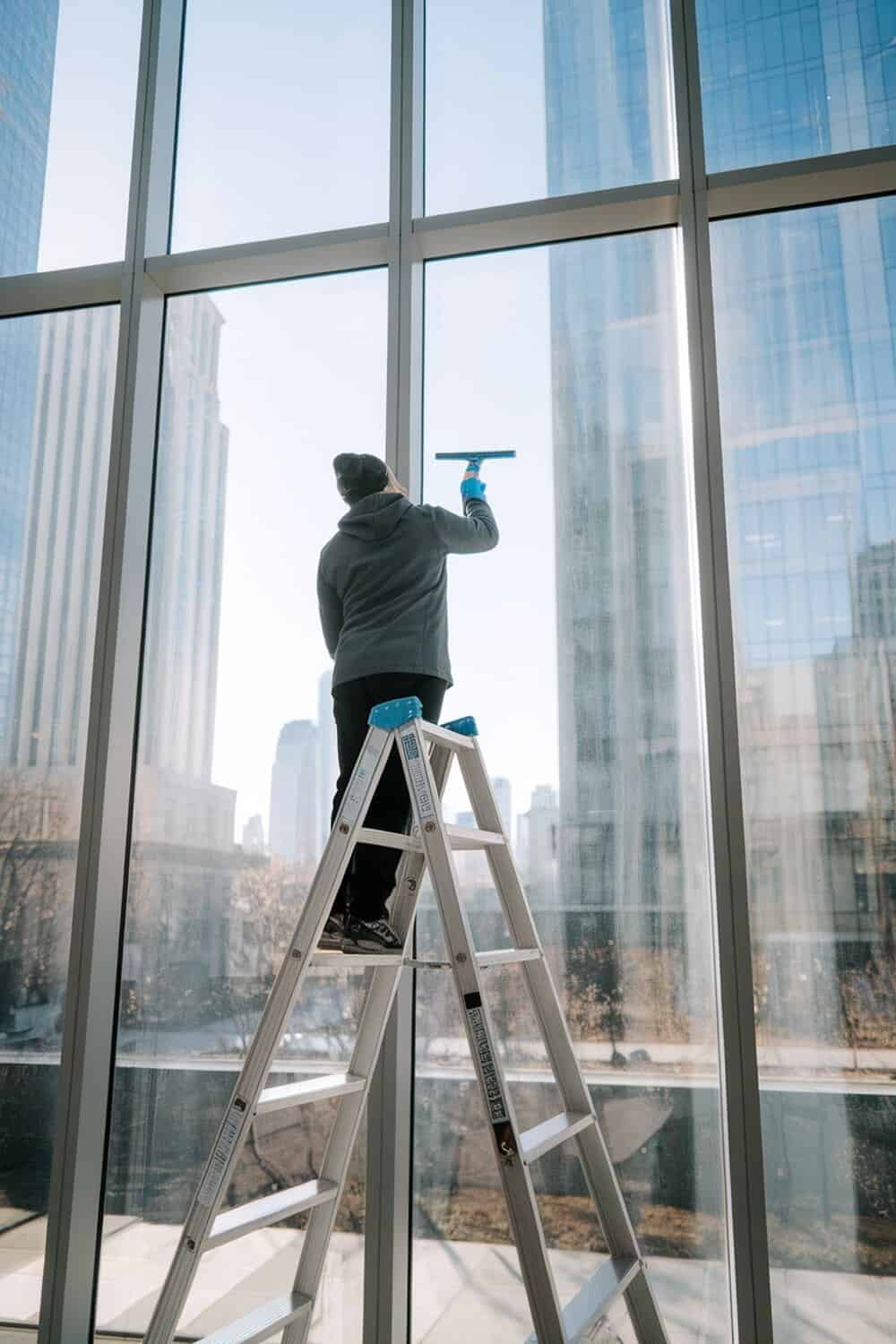A person cleaning large windows from a ladder in a modern building.
