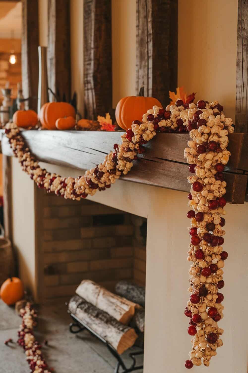 A festive garland made of popcorn and cranberries draped over a wooden mantel with pumpkins and logs.
