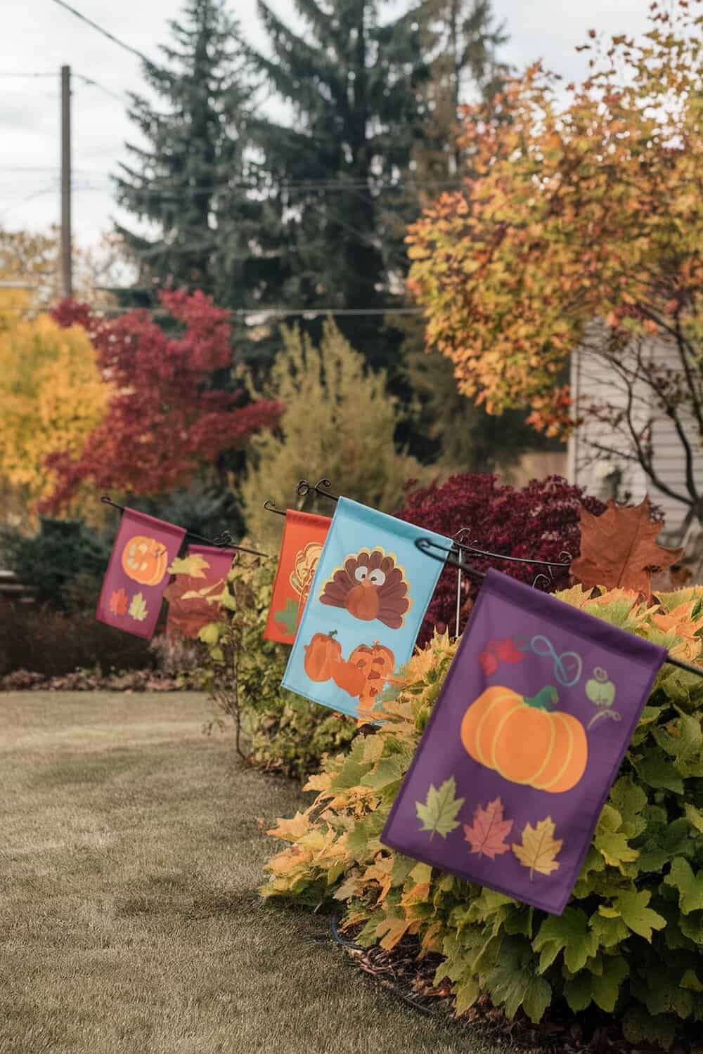 Colorful Thanksgiving-themed yard flags featuring turkeys and pumpkins displayed in a garden.