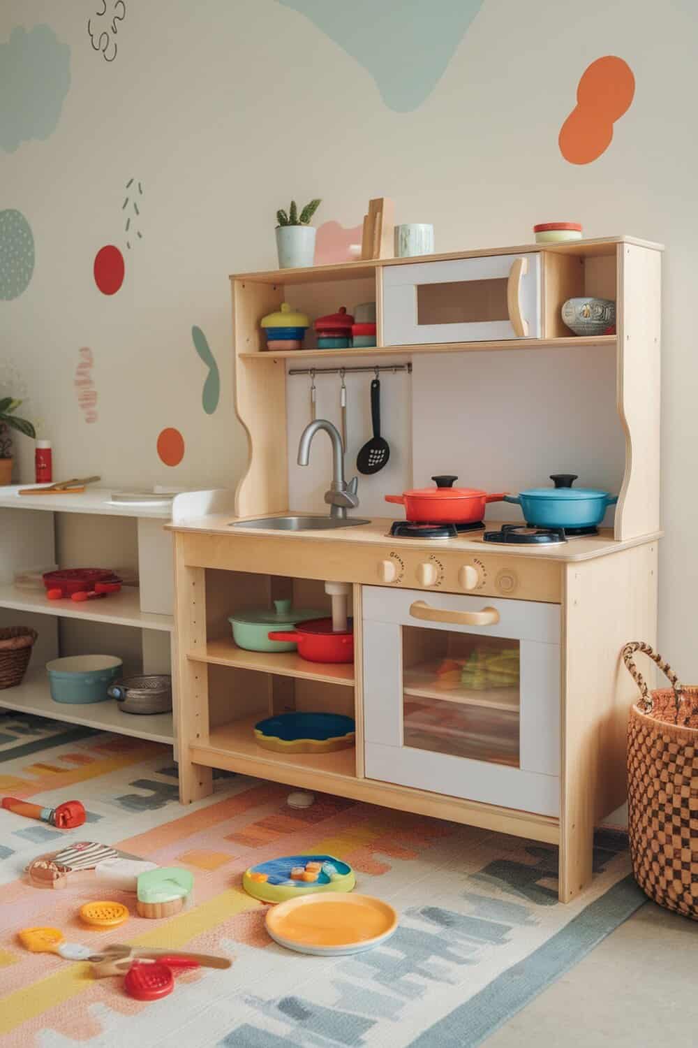 A colorful play kitchen setup for kids with various toy pots and pans.