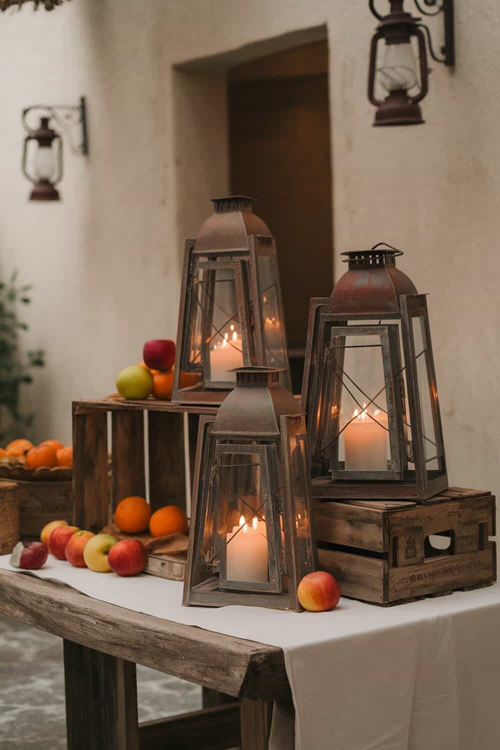 Rustic lanterns with candles on a table surrounded by apples and oranges.
