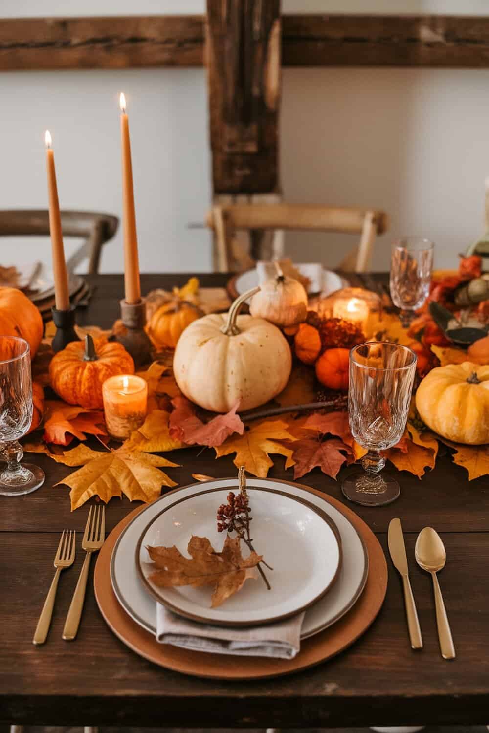 A beautifully set table featuring autumn leaves, pumpkins, and candles for Thanksgiving decorations.