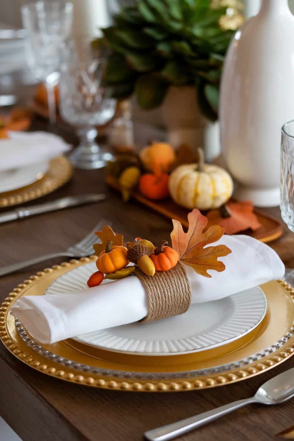 A beautifully set table with jute twine napkin rings featuring mini pumpkins and leaves.