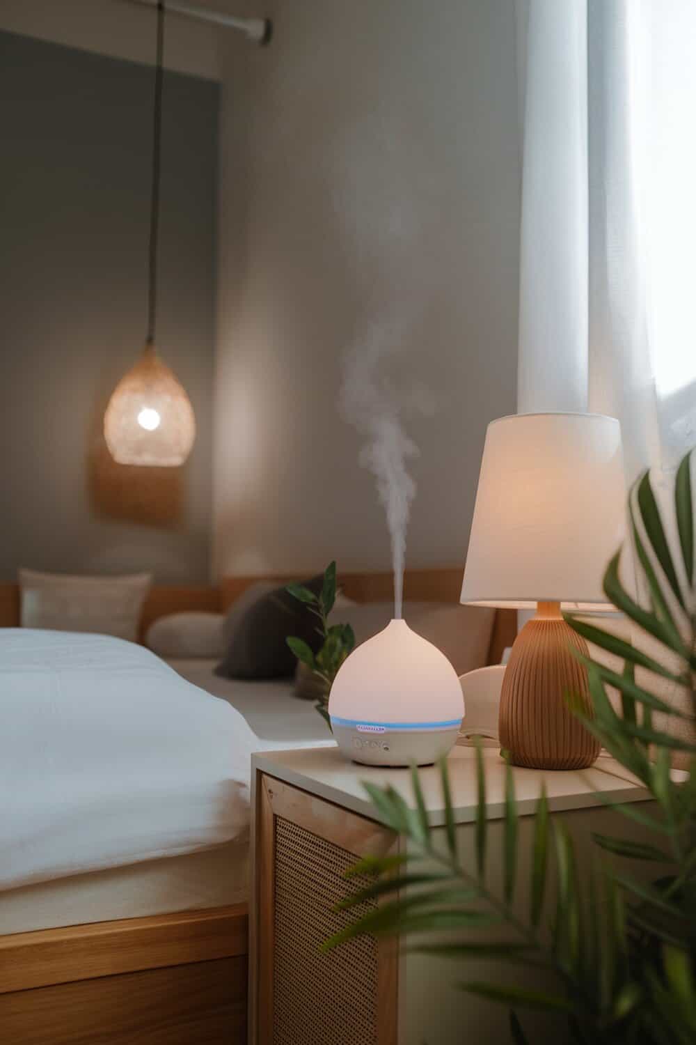 An essential oil diffuser emitting steam in a cozy room setting.