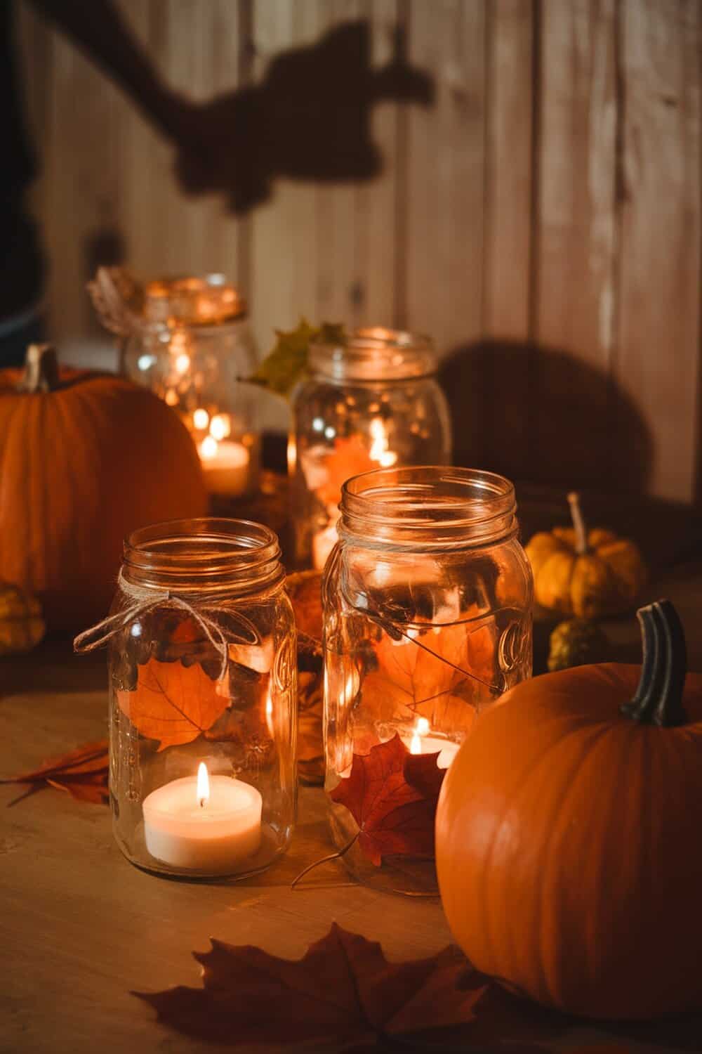 Mason jar candle holders with leaves and candles, surrounded by pumpkins.