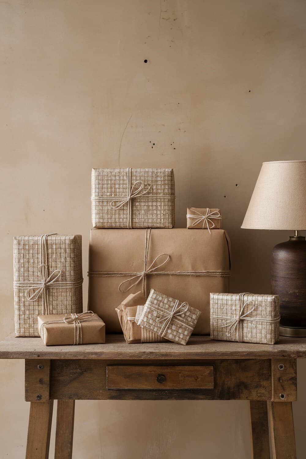 Handcrafted gift wraps with brown paper and twine on a wooden table.