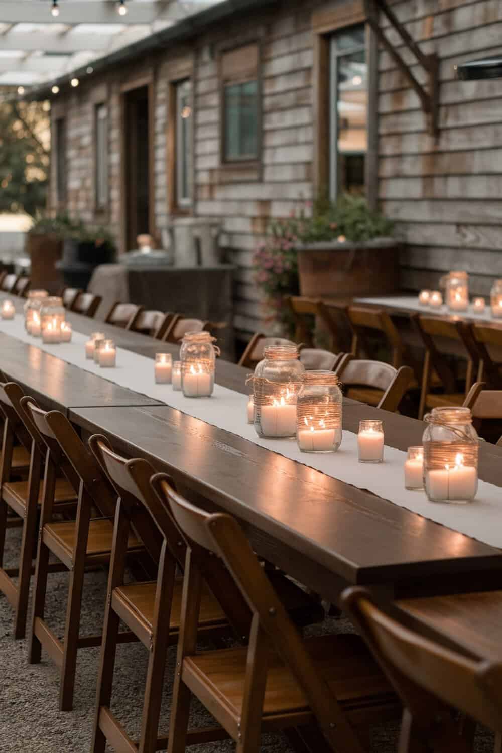 A table set with mason jar lanterns and candles for an outdoor gathering.