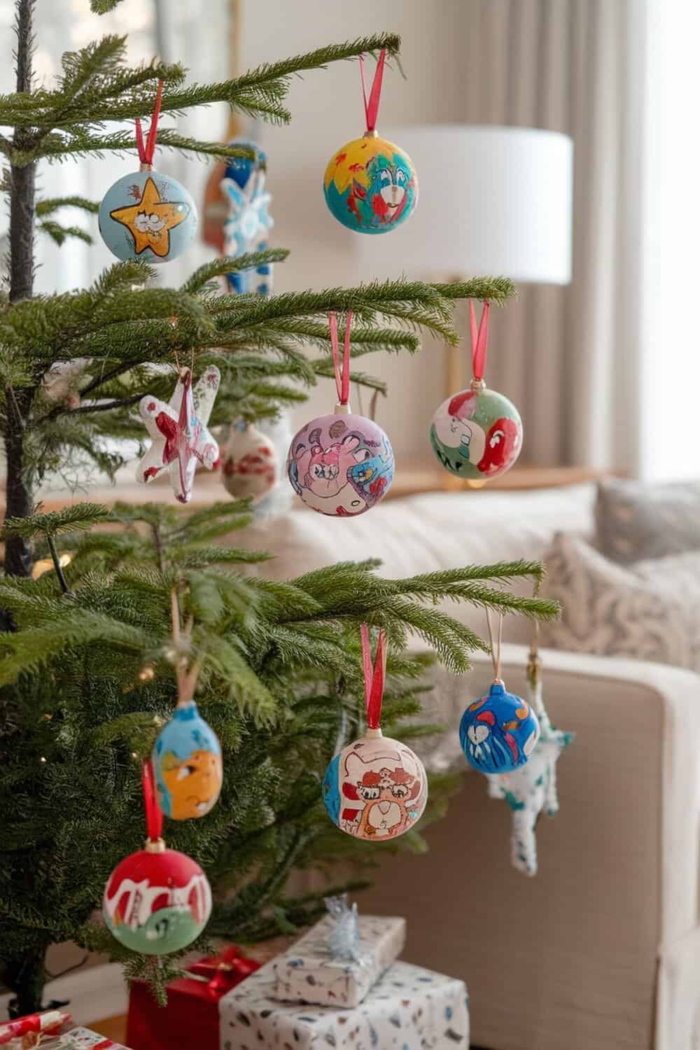Colorful hand-painted Christmas ornaments hanging on a tree.