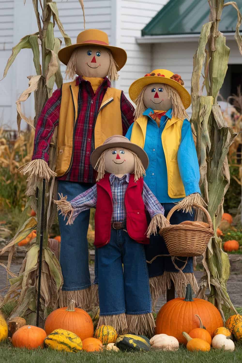 A cheerful scarecrow family with straw hats and colorful clothing, surrounded by pumpkins.