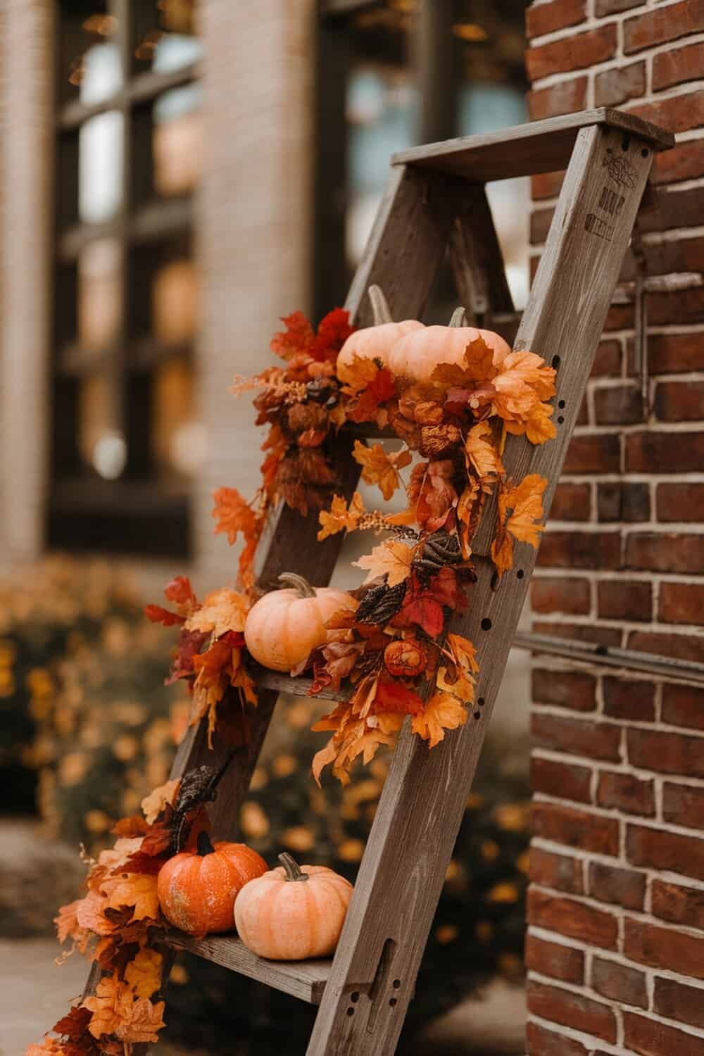 Rustic ladder decorated with pumpkins and autumn leaves