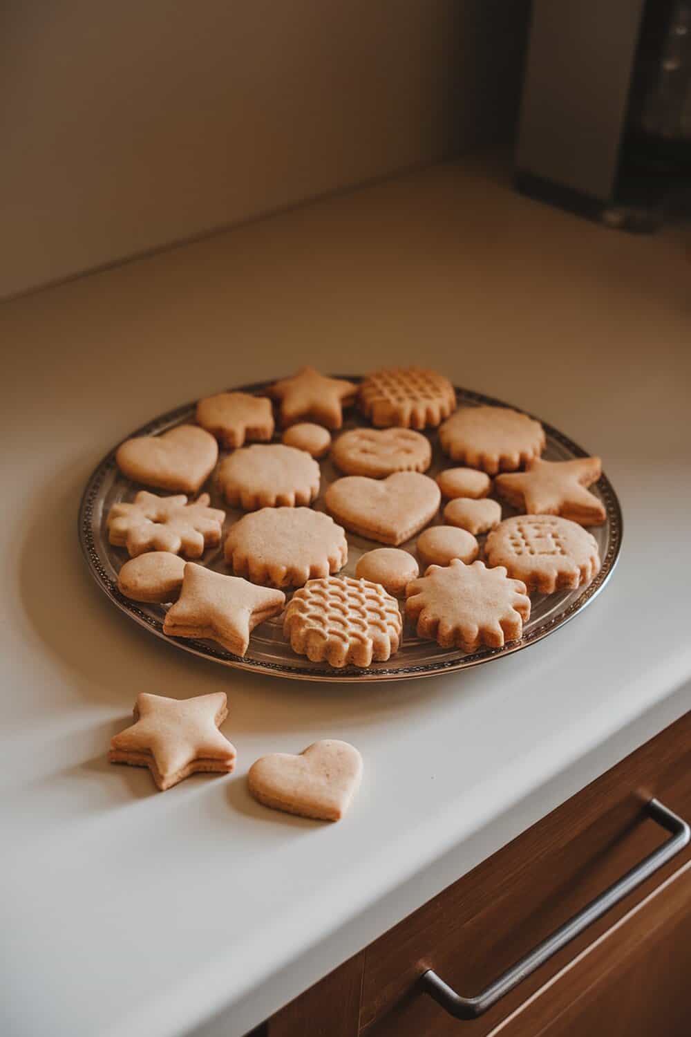 A plate of assorted freshly baked cookies on a kitchen counter.