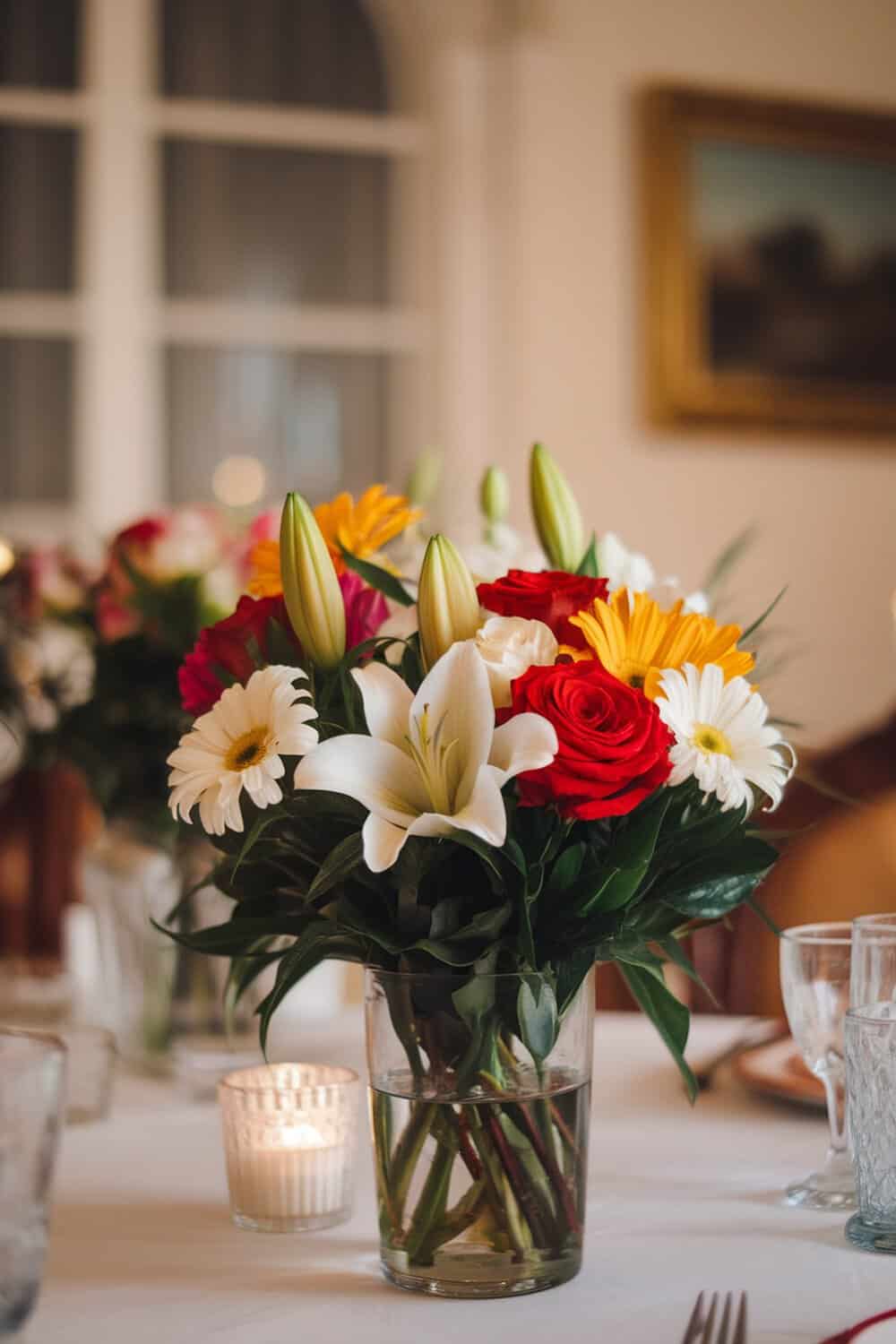 A vibrant bouquet of fresh flowers in a clear vase, featuring roses, lilies, and daisies.