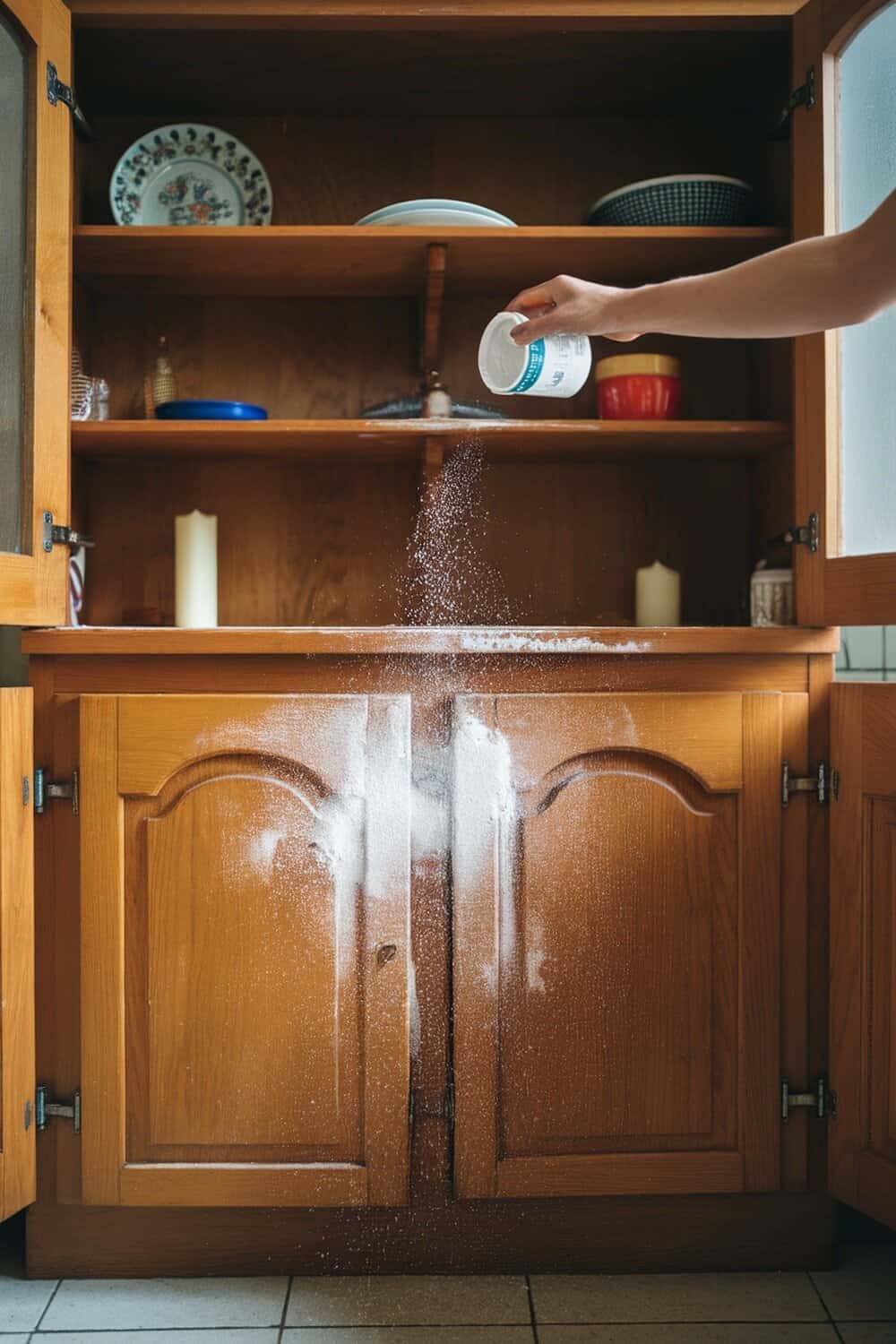 A person pouring cornstarch into a kitchen cupboard to absorb grease.