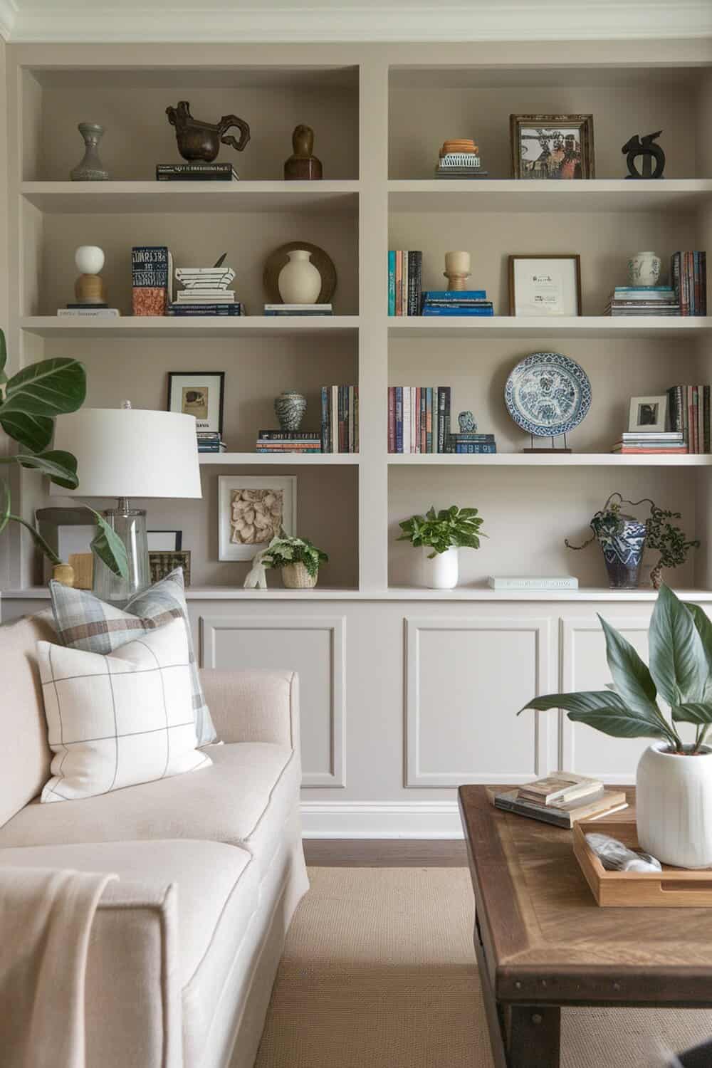 A cozy living room with neatly organized shelves and a comfortable sofa.