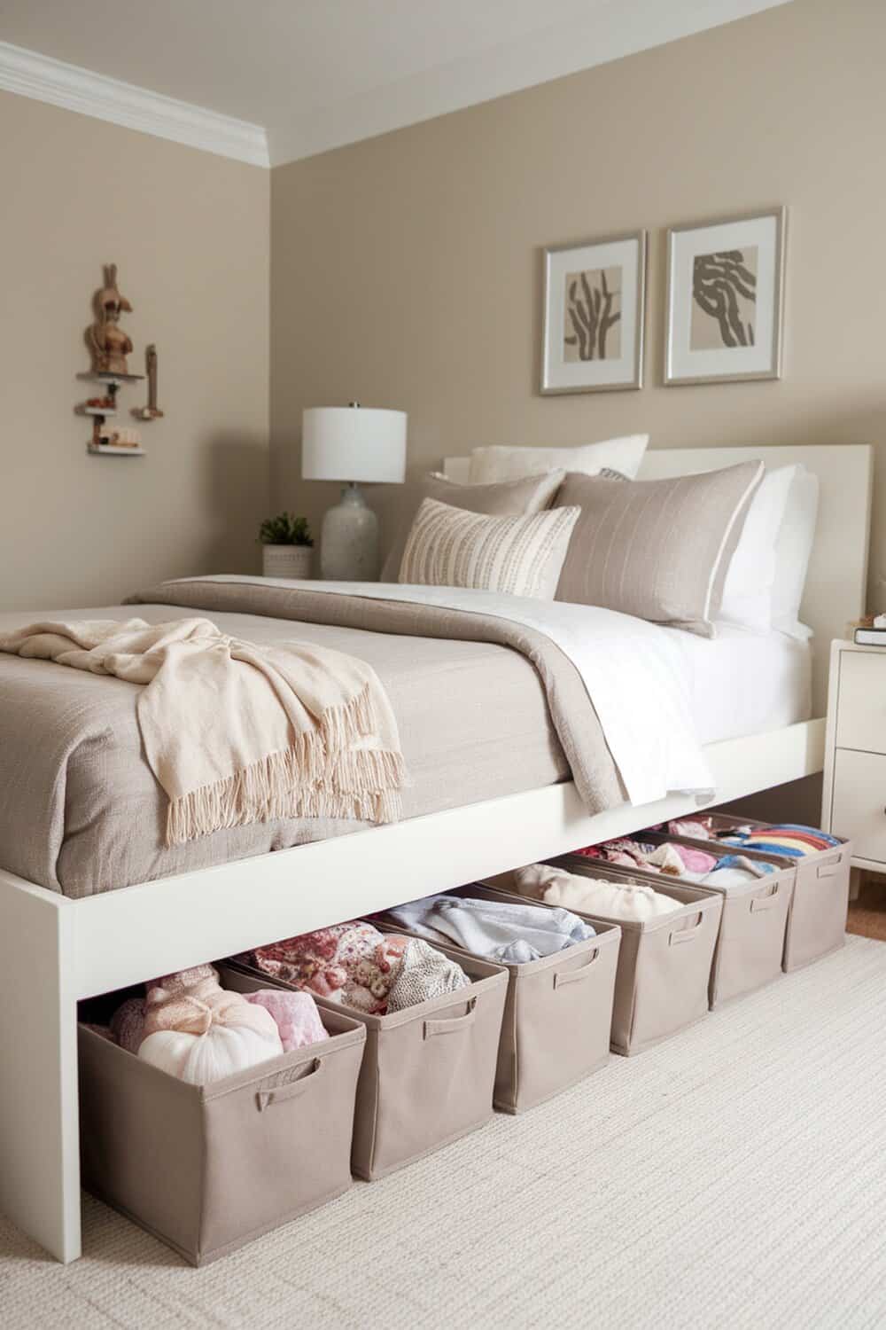 A neatly organized bedroom featuring under-bed storage bins filled with clothes and blankets.