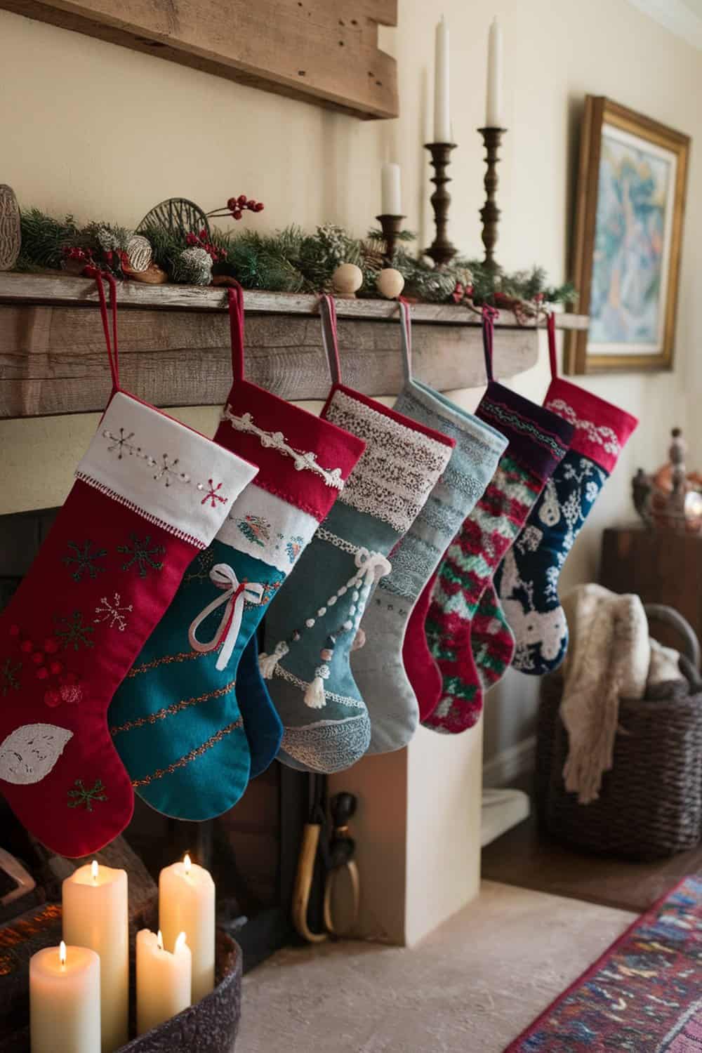 Colorful felt Christmas stockings hanging by a fireplace