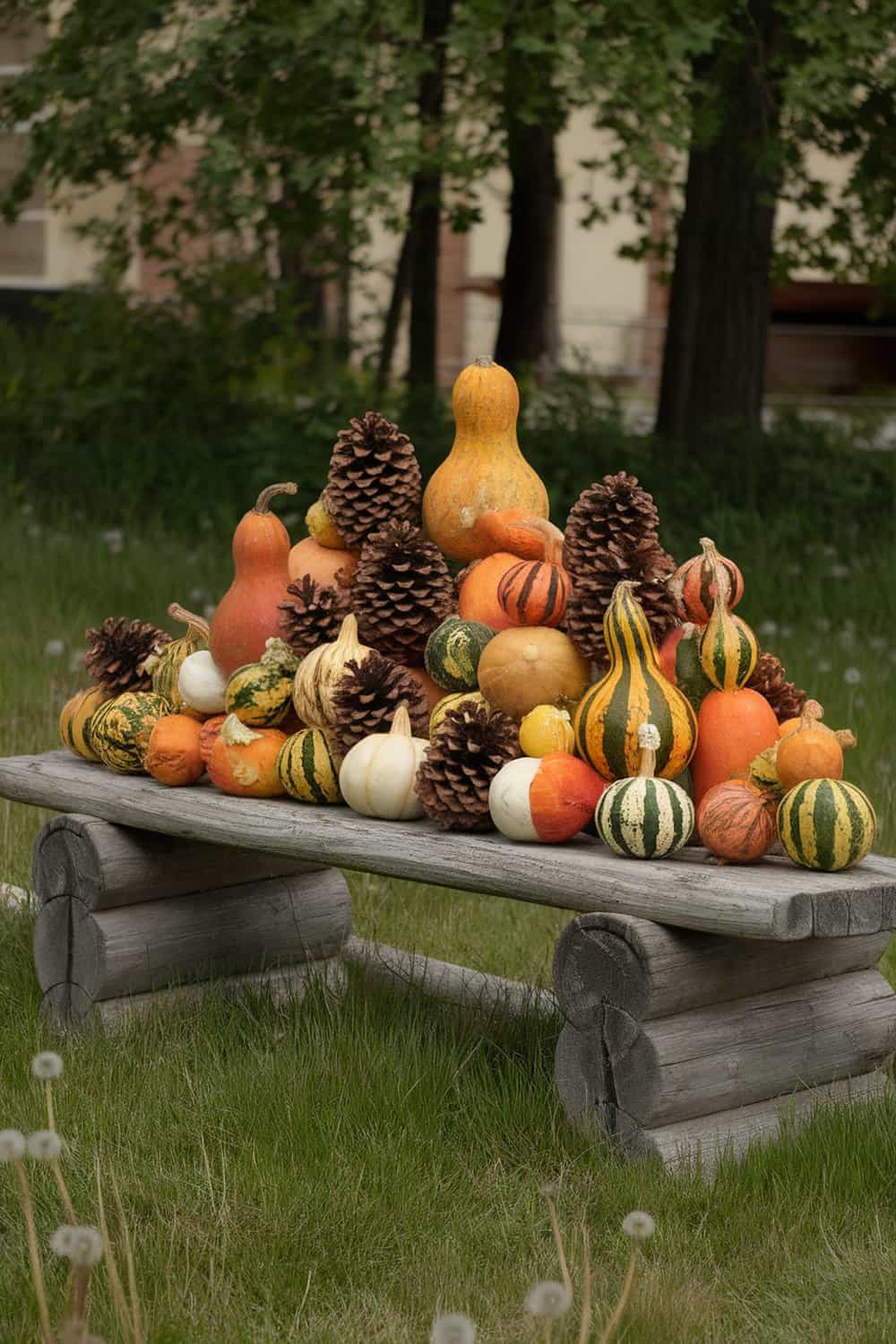 A decorative arrangement of colorful gourds and pinecones on a wooden bench in a grassy area.