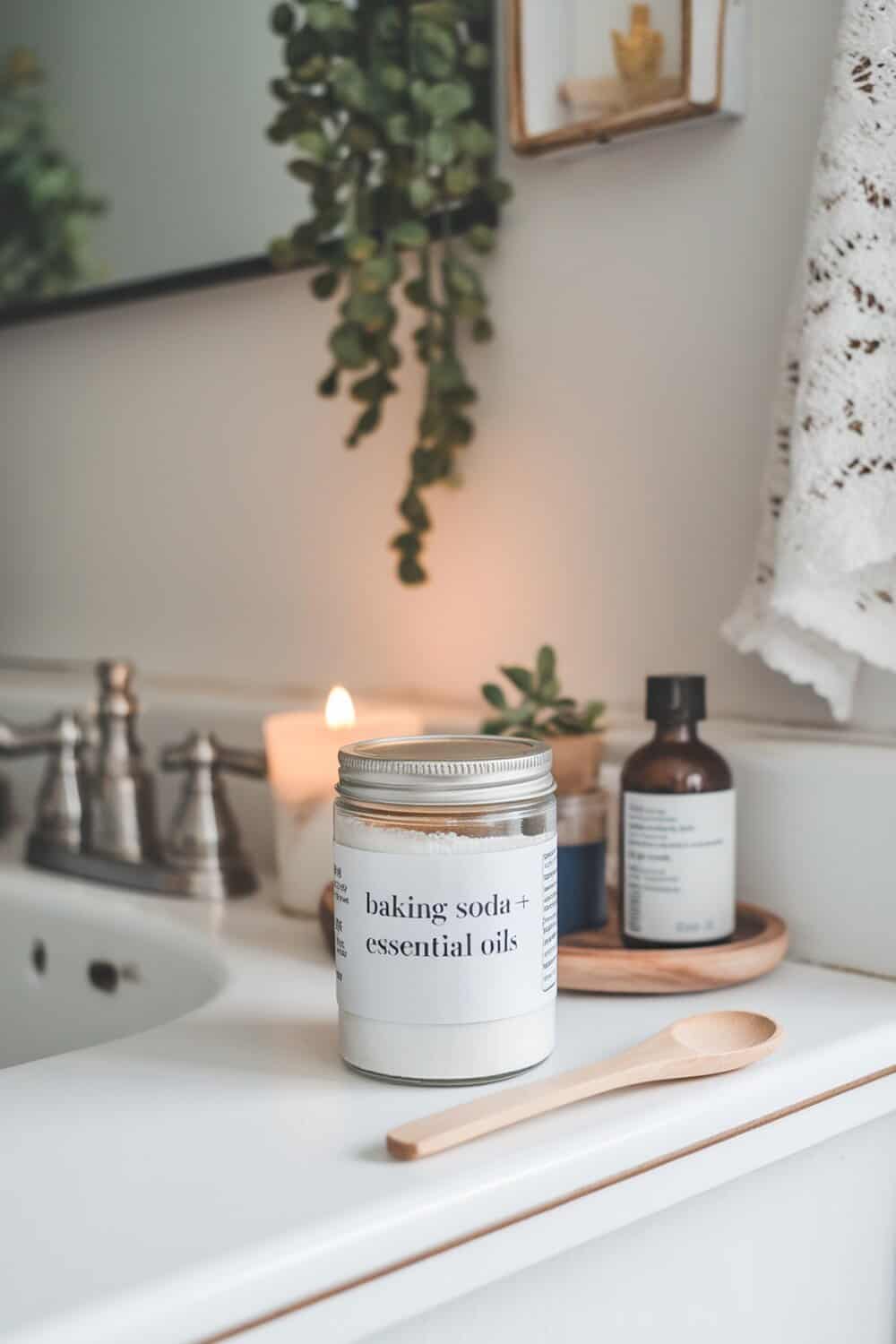 A jar of baking soda with essential oils on a bathroom counter, surrounded by plants and candles.