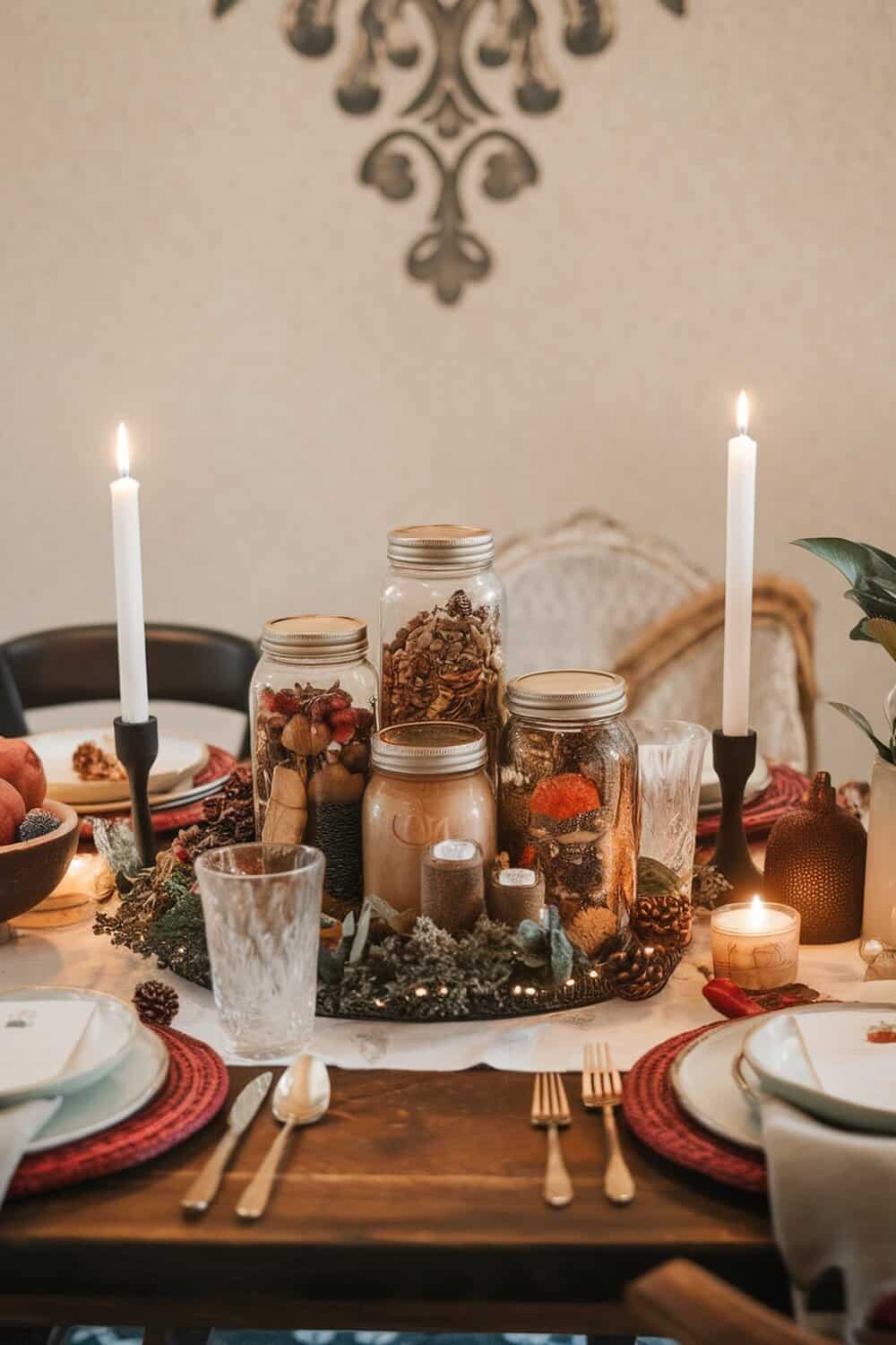 A beautifully arranged Thanksgiving table centerpiece featuring jars with spices, pinecones, and candles.