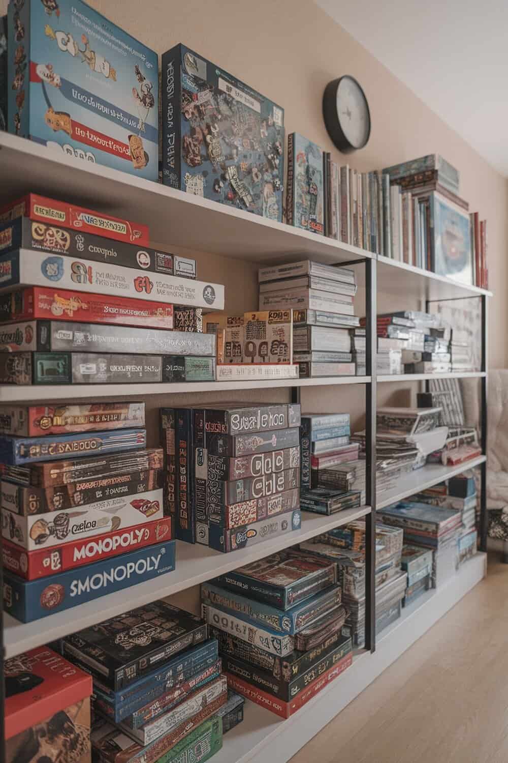 A neatly organized shelf filled with various board games and books.