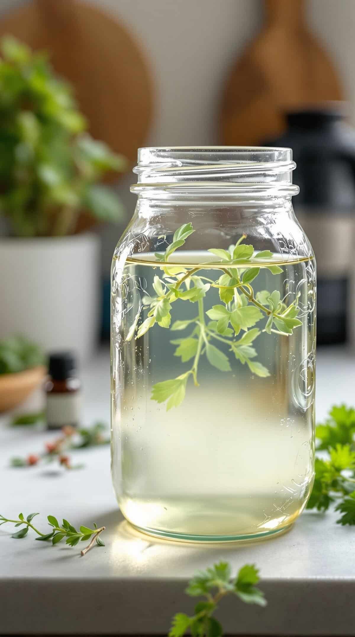 A jar of essential oil infused vinegar with fresh herbs, set on a kitchen counter.