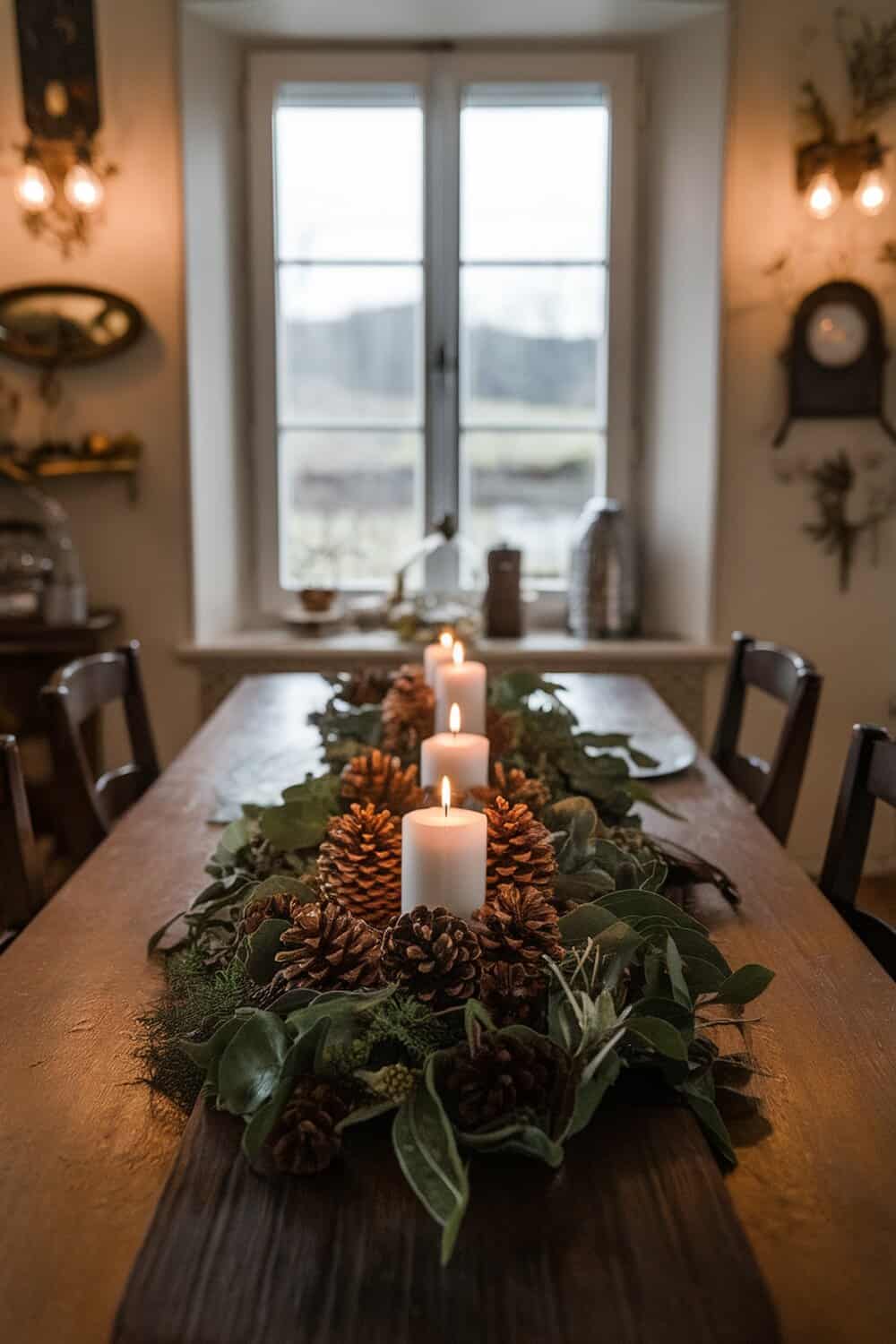 A rustic table centerpiece featuring pine cones and candles.