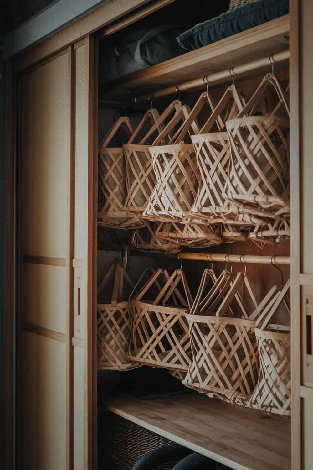 A wooden closet filled with bamboo charcoal bags in woven baskets.