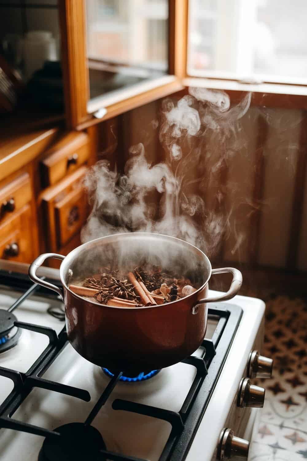 A pot simmering with spices on the stove, releasing steam and fragrance.
